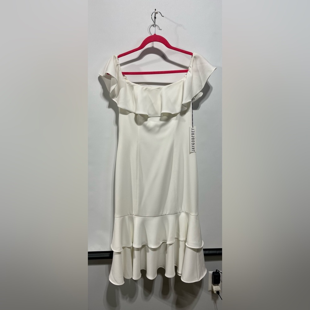 JAYGODFREY Momoa Ivory Ruffled Off the Shoulder Dress Size 2 New with tags - Picture 3 of 10